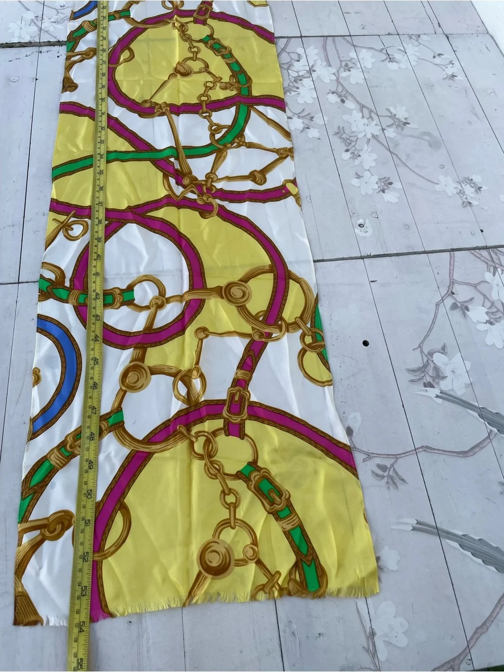 Lauren Ralph Lauren Yellow Silk Scarf with Pink and Green Chain Motif